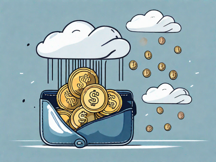 A cloud symbolizing saas with coins dropping from it into an open wallet