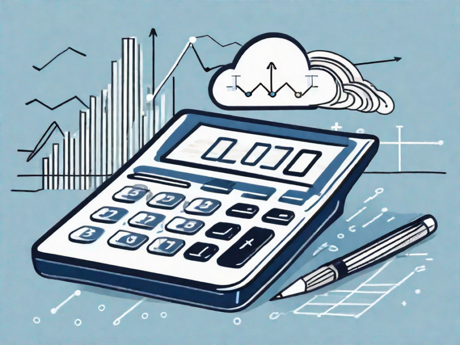 A cloud-shaped calculator with various financial charts and graphs floating around it