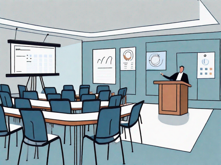 An organized conference room with a stage